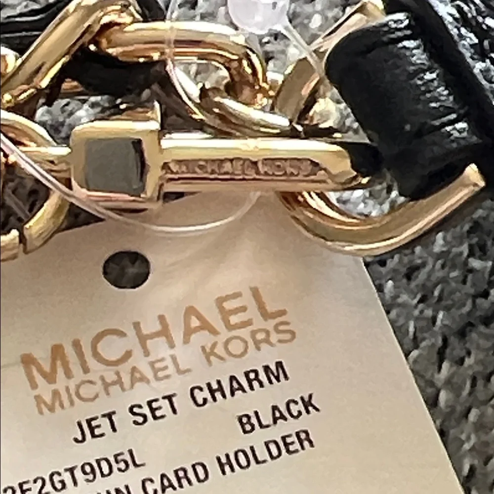 Michael Kors Black and Gold Card Holder Jet Set Charm Leather or wristlet NWT